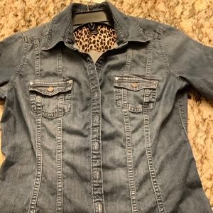 White House Black Market Denim Button Up Shirt Jacket Blue Rhinestones Size 2